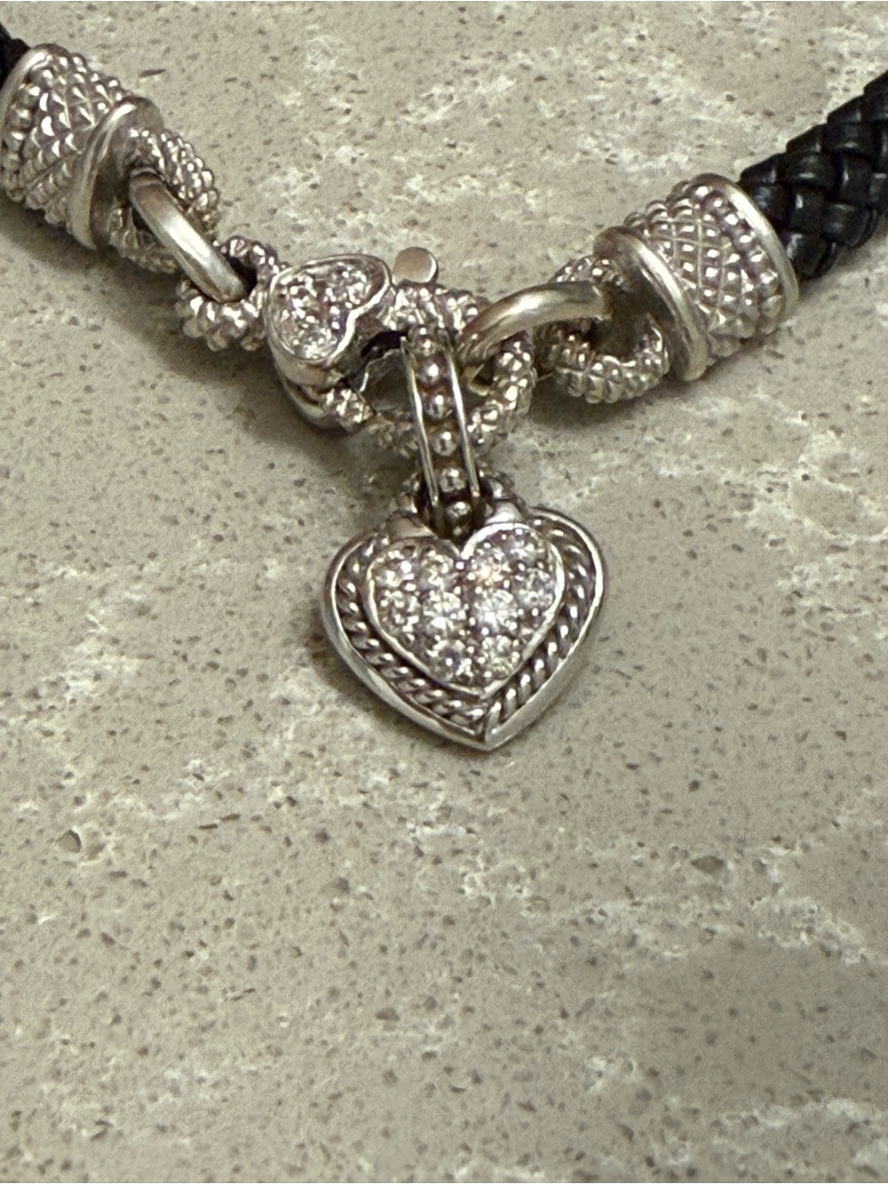 Judith Ripka 18K White Gold & Diamond Heart Leather Woven Necklace